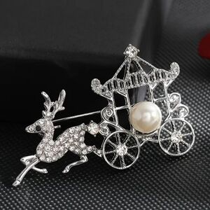 Reindeer Carriage Rhinestone Pearl Silver Brooch Pin